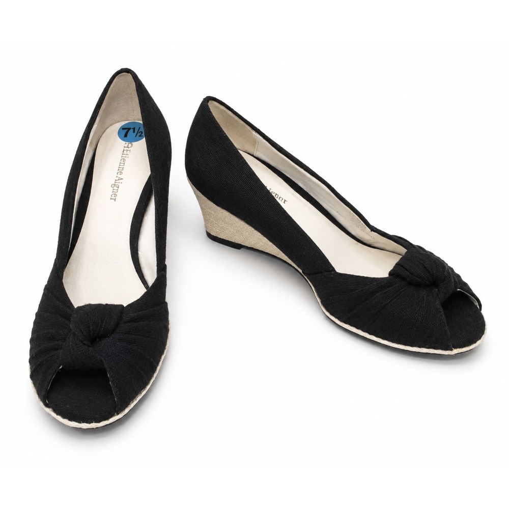 Etienne Aigner Womens Diplomat Shoes Size 7.5M Black Fabric Wedge Heel Peep Toe